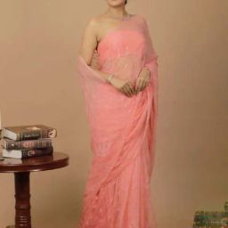 Geroo Jaipur Pink Handcrafted Sequin Jaal Chiffon Saree-image-32
