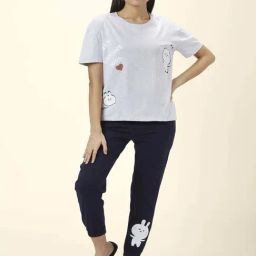 Dreamz by Pantaloons Grey Navy Cotton Graphic Print Top Pyjama Set-image-11