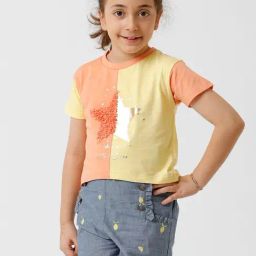 Kate & Oscar Kids Peach & Yellow Cotton Color Block T-Shirt-image-51