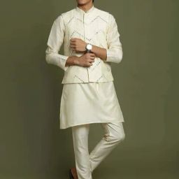 VASTRAMAY Boys Cream Embroidery Full Sleeves Kurta Sets-image-74