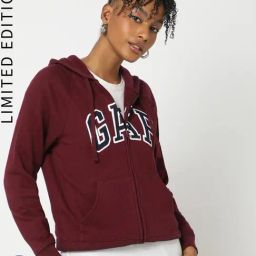 GAP Maroon Blended Embroidered Long Sleeves Hooded Sweatshirt-image-6