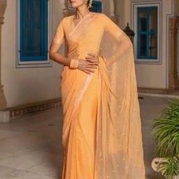 Geroo Jaipur Peach Handcrafted Mirror Work Chiffon Saree-image-5