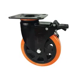 Muvall Castor Wheel Orange Polyuretahane (PU) With Galvanised Iron Electrophoretic Finish Pressed Mild Steel Castor Brake Type 150 mm Dia. x 38 mm Width, PSTP B 150 38 BPUB-12