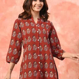 Sangria Mandarin Collar Printed Cotton Ethnic Tunic-image-64