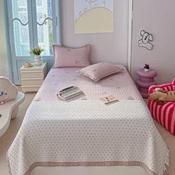 JC HOME Pink & White Striped Double King Bed Cover-image-29