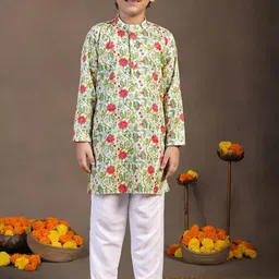 FASHION DREAM Boys Floral Printed Band Collar Regular Sequinned Kurta With Pyjama-14