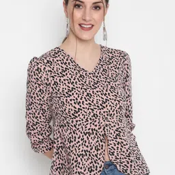 AKIMIA Women Peach & Black Animal Print Crepe Wrap Top-48