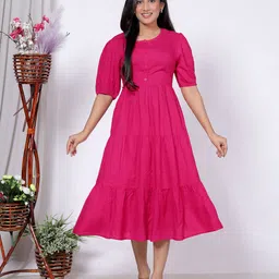 SAKURA Floral Puff Sleeve Liva Fit & Flare Midi Dress-image-42