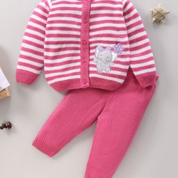 Babyhug Full Sleeves Striped Baby Sweater Set with Elephant Design - Pink-image-8