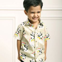 Polka Tots Half Sleeves Seamless Baby Panda With Rainbow & Cloud Printed Shirt - Cream-image-37