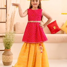 Pspeaches Sleeveless Bandhani Printed Gota Patti Detailed Kurta Sharara - Pink-image-3