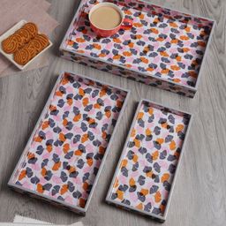 FABINALIV Set of 3 Floral Rectangular Wooden Serving Trays - Multicolor-3