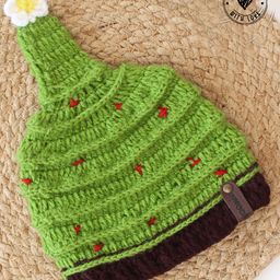 Woonie Christmas Theme Handmade Christmas Tree Design & Flower Detailed Cap - Green-picture-41