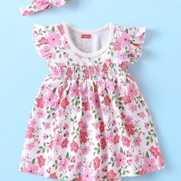Babyhug 100% Cotton Knit Sleeveless Onesies with Hair Band Floral Print - Multicolor-image-37