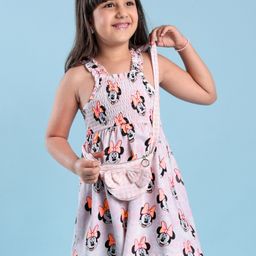 Babyhug Disney Cotton Jersey Singlet Sleeves Tie & Dye with Minnie Mouse Printed Frock with Sling Bag - Peach-image-37