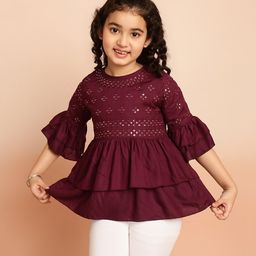 ISHTI Frill Sleeves & Sequin Embellished Top - Wine-image-85
