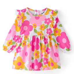 Doodle Poodle  Cotton Knit Full Sleeve Floral Printed Frock  -Bright White-picture-8