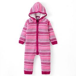Babyhug Knit Full Raglan Sleeves Winter Wear Hooded Romper with Chevron Design - Pink-image-87
