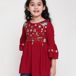 ISHTI Rayon Three Fourth Sleeves Floral Embroidered Top - Maroon-image-23