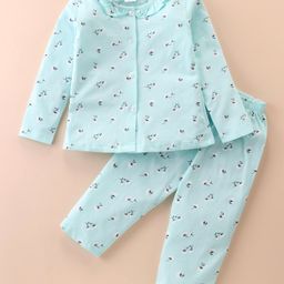 Smarty Girls 100% Cotton Knit Full Sleeves Frill Detail Neck Night Suit With Floral Print - Sky Blue-image-82