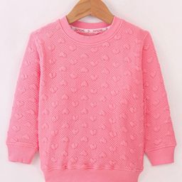 Doreme Cotton Knit Full Sleeves Sweatshirt With Solid Colour & Embossed Heart Design - Neon Pink-image-55