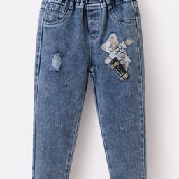 Kookie Kids Full Length Bear Printed WashedDenim Jeans -Blue-image-54