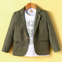 Rikidoos Full Sleeves Checked Blazer With Typography Printed Tee - Mehandi & White-image-17
