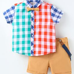 ToffyHouse Poplin Woven Half Sleeves Checks Shirt & Shorts Set with Bow & Suspender - Red Light Blue Tan-image-53
