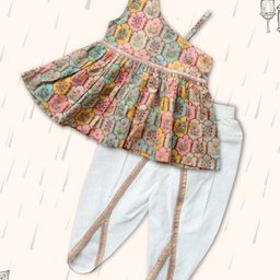 Peekaaboo Kids Pure Cotton Sleeveless Floral Printed & Lace Embellished Kurta Dhoti Set - Mustard Green-image-65