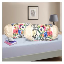 Kuber Industries Set of 2 Bolster/Side Pillow Cover | 16"x32" Cylindrical Masland/Masand Long Pillow Cover For Diwan Pillows | Mix Flower-Cream-image-40