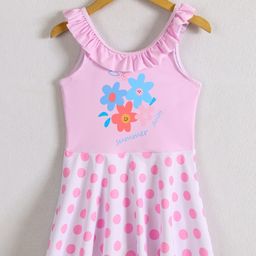 Pine Kids Sleeveless Frock Swimsuit With Floral Print - Purple-image-44