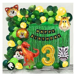 Bubble Trouble Jungle theme 4th Birthday Party Decorations /Forest Theme Party/Dinosaur Foil balloons/Metalic Balloons Birthday Party Backdrop Garlend kit(74 Pcs)-image-91