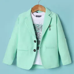 Dapper Dudes Full Sleeves Textured Blazer With One Step Up Text Printed Tee Set - Sea Green-picture-40
