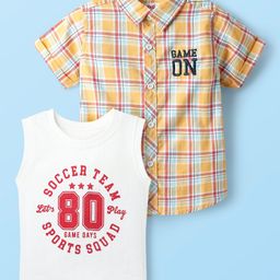 Babyhug Cotton Knit Half Sleeves Checks Shirt & Sleeveless Tank T-Shirt with Gaming Text Print - Yellow & White-image-89