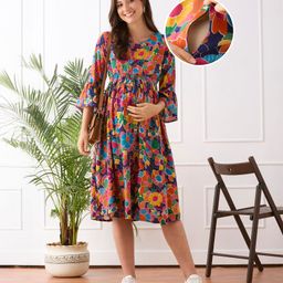 Bella Mama Woven Three Fourth Sleeves Maternity Dress With Floral Print - Navy Blue-image-66