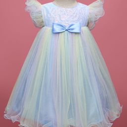 Babyhug Woven Frill Sleeves Mesh Party Dress with Sequin Detailing & Bow Applique - Light Blue-image-44