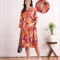 Bella Mama Viscose Woven Three Fourth Sleeves Front Open Maternity Shirt Dress with Floral Print - Maroon-picture-38