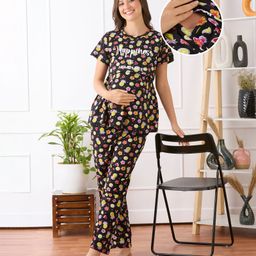 Bella Mama Cotton Knit Short Sleeves Nursing Night Suit Tropical Print - Black-image-43