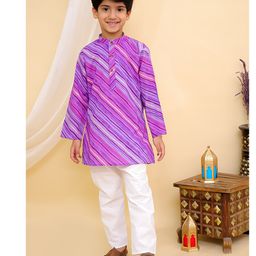 Superminis Cotton Woven Full Sleeves Lehariya Printed Kurta Pyjama Set - Purple-picture-12