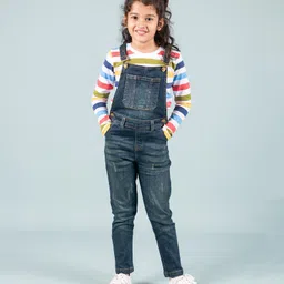 tweeny mini Denim Woven Mild Washed & Distressed Dungaree With Full Sleeves Striped Tee - Dark Blue-picture-24