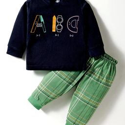 Zero Interlock Knit Full Sleeves T-Shirt & Joggers Set with Alphabet Print - Green & Navy Blue-picture-22