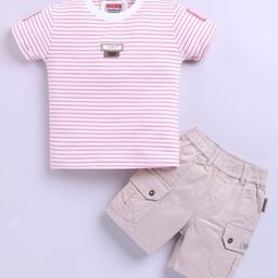 KIDZELLO Cotton Knit Half Sleeves Striped Tee & Shorts Set - Pink-image-104