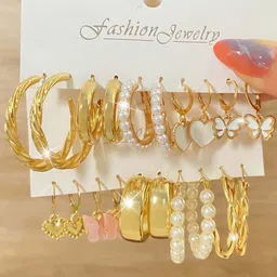GOLDIWALA Set Of 5 Gold-Plated Pearls Beaded Contemporary Shape Hoop Earrings-picture-32