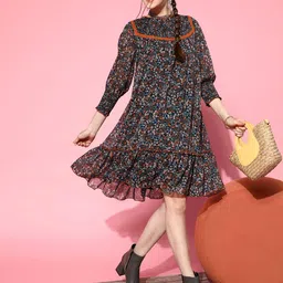 Antheaa Multicoloured Floral Print Chiffon A-Line Knee Length Dress-27