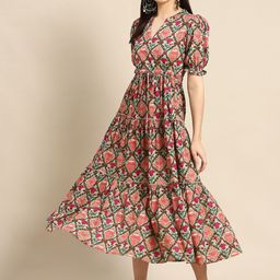 anayna Green & Pink Ethnic Motifs Printed Tiered Pure Cotton A-Line Midi Dress-47