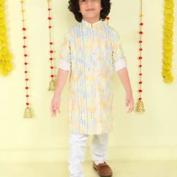 Ministitch Boys Green Cotton Embroidered Regular Fit Kurta Set-image-12
