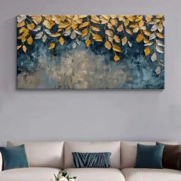 999Store Blue & Golden Canvas Leaves Painting-image-28