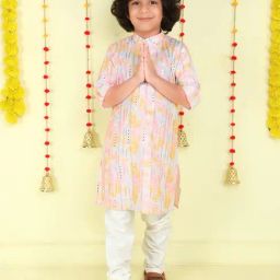 Ministitch Boys Pink Cotton Embroidered Regular Fit Kurta Set-image-34