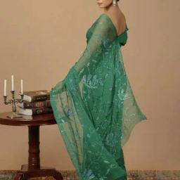 Geroo Jaipur Green Handcrafted Sequins Jaal Chiffon Saree image 3