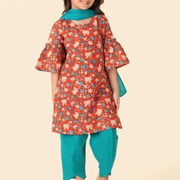Fabindia Girls Floral Printed Pure Cotton A-Line Kurta With Salwar & Dupatta-picture-12